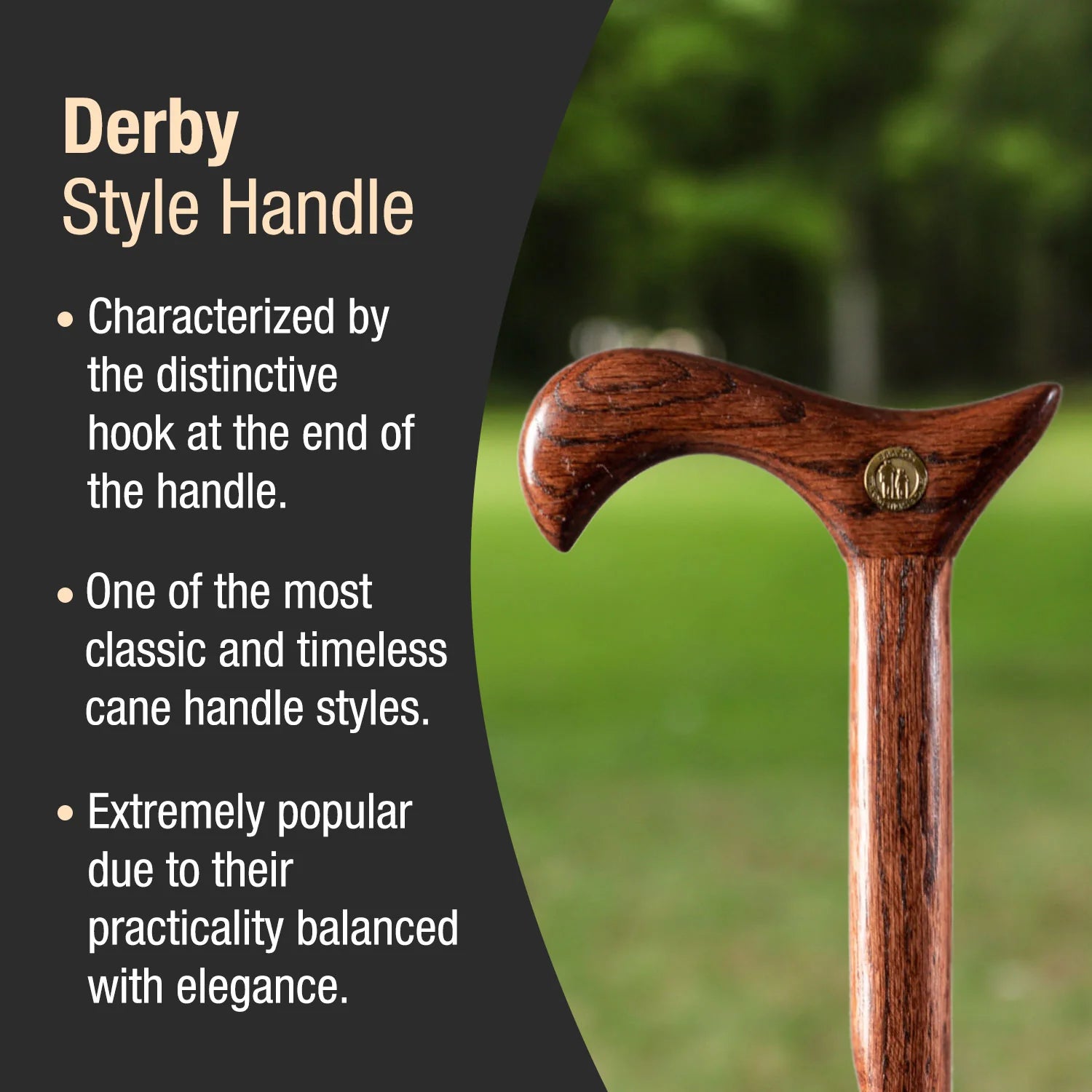 Wooden cane handle with text describing Derby style handles