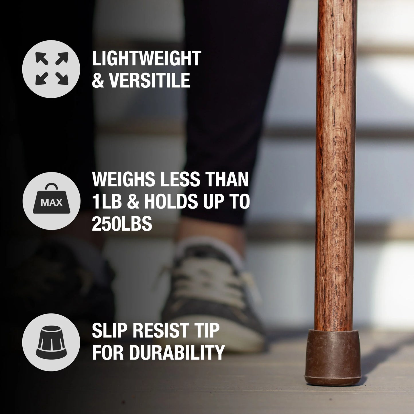 Wooden cane with text highlighting features on a blurred background
