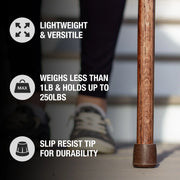 Wooden cane with text highlighting features on a blurred background