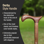 Wooden cane handle with text describing Derby style handle characteristics