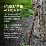 Handcrafted walking cane leaning against a tree with promotional text about craftsmanship.