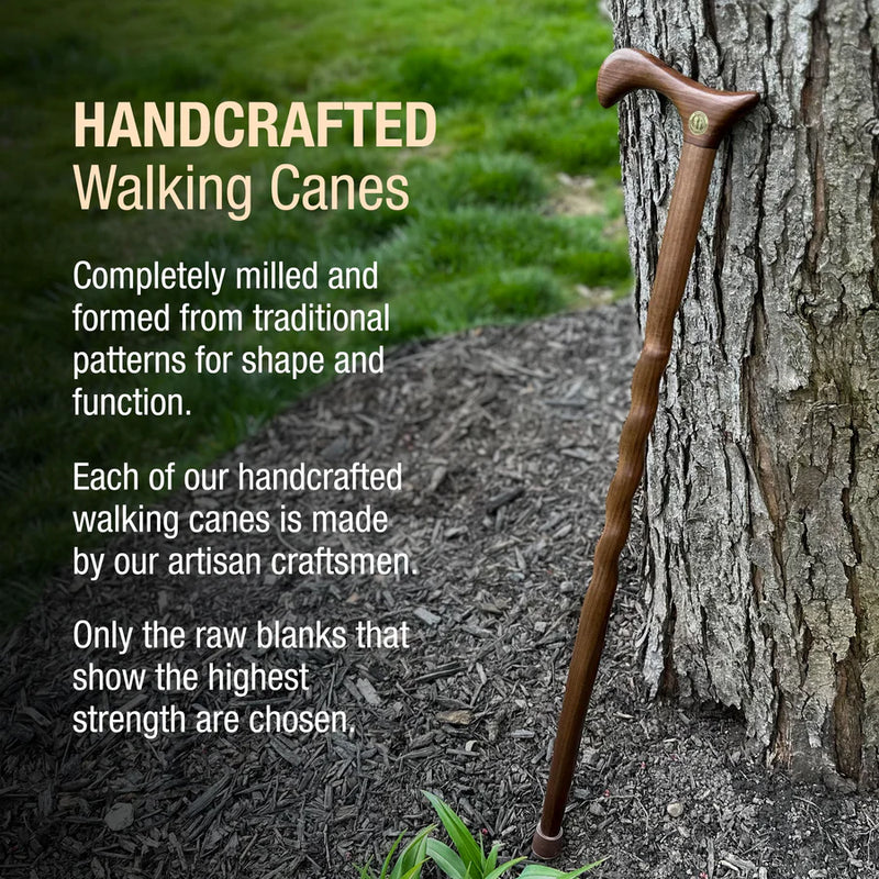 Handcrafted walking cane leaning against a tree with promotional text about craftsmanship.