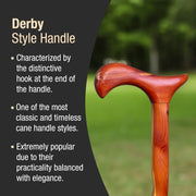 Wooden cane handle with text describing Derby style handles