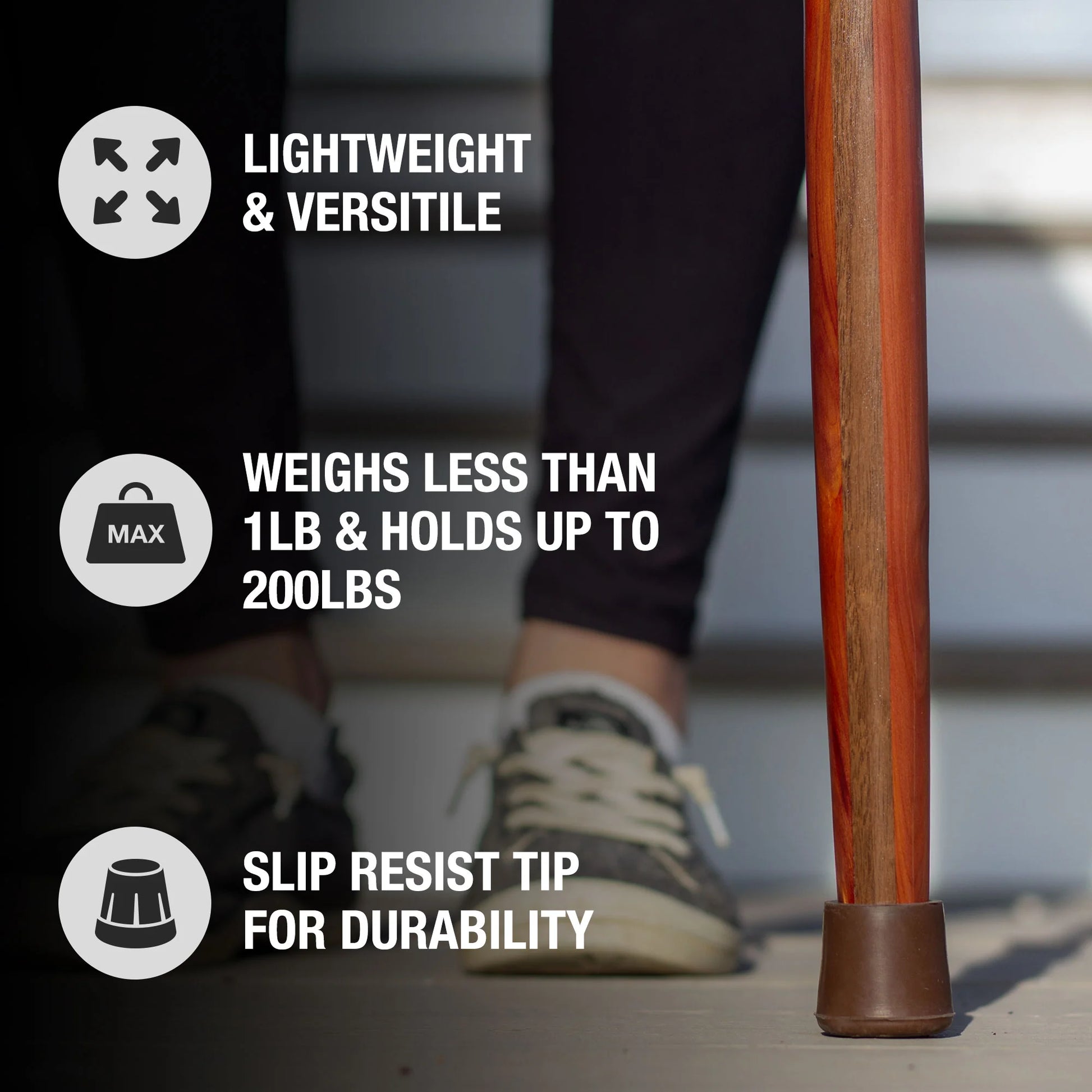 Wooden cane with text highlighting features on a blurred background