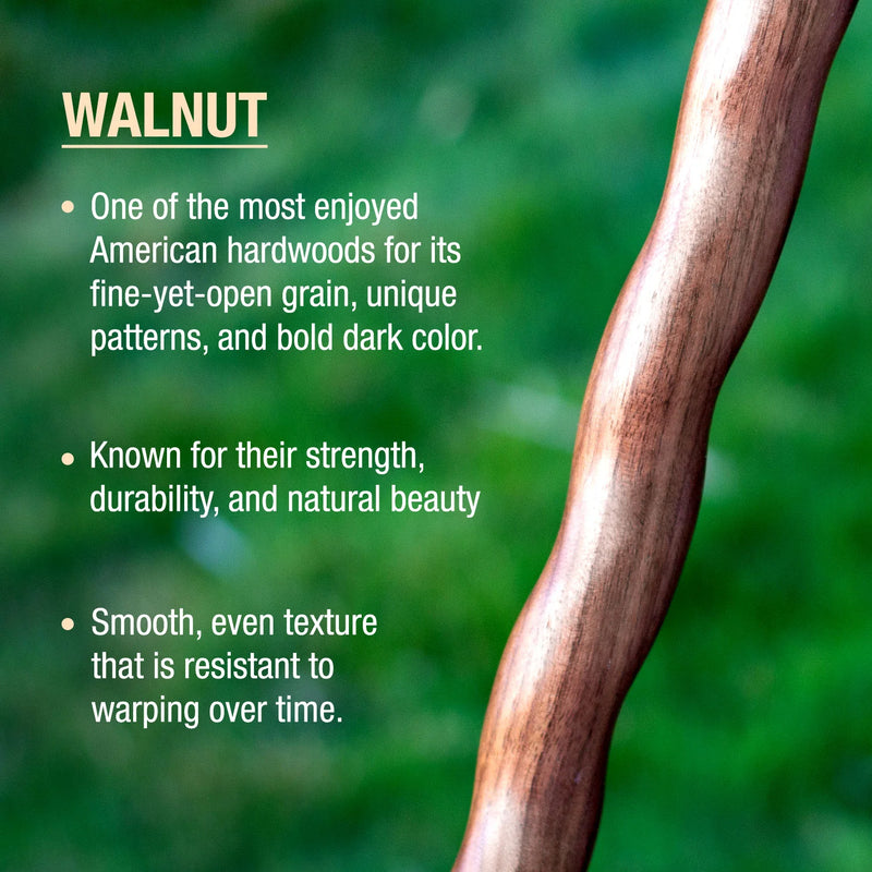 Close-up of a walnut log with text about the wood's characteristics on a blurred green background.