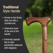 Wooden walking cane handle with text describing traditional style handle