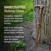Handcrafted walking cane leaning against a tree with promotional text about its traditional craftsmanship.