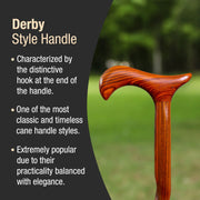 Wooden cane handle with text describing the Derby style handle.