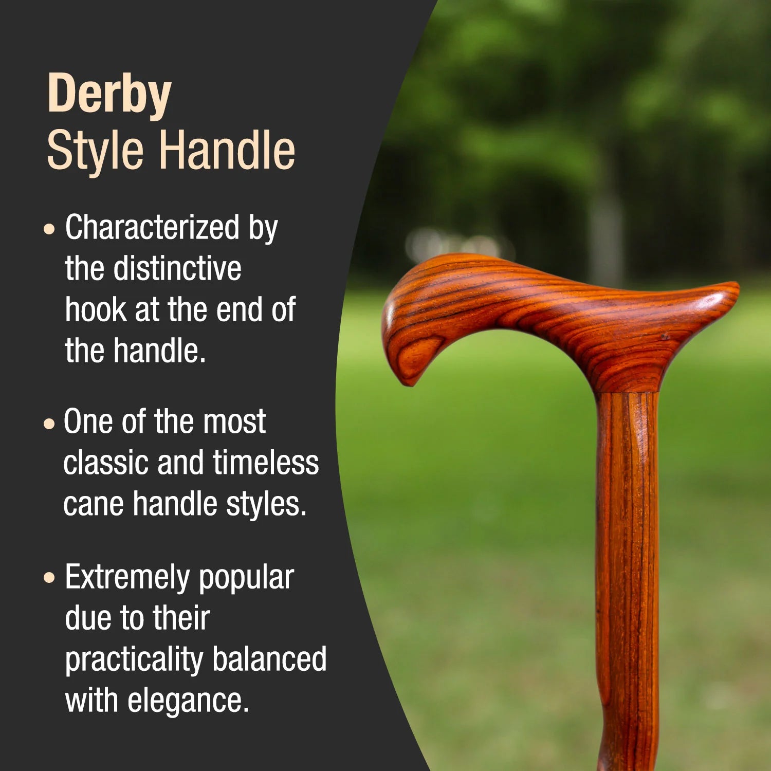 Wooden cane handle with text describing the Derby style handle.