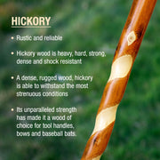 Hickory stick with text about its properties on a blurred green background