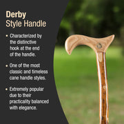 Wooden cane handle with text describing Derby style handle特点