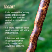 Bocote wood stick with descriptive text on a blurred green background