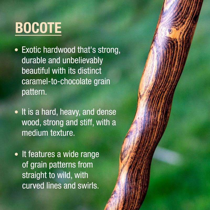 Bocote wood stick with descriptive text on a blurred green background