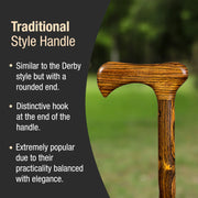 Wooden walking cane handle with text describing traditional style handle