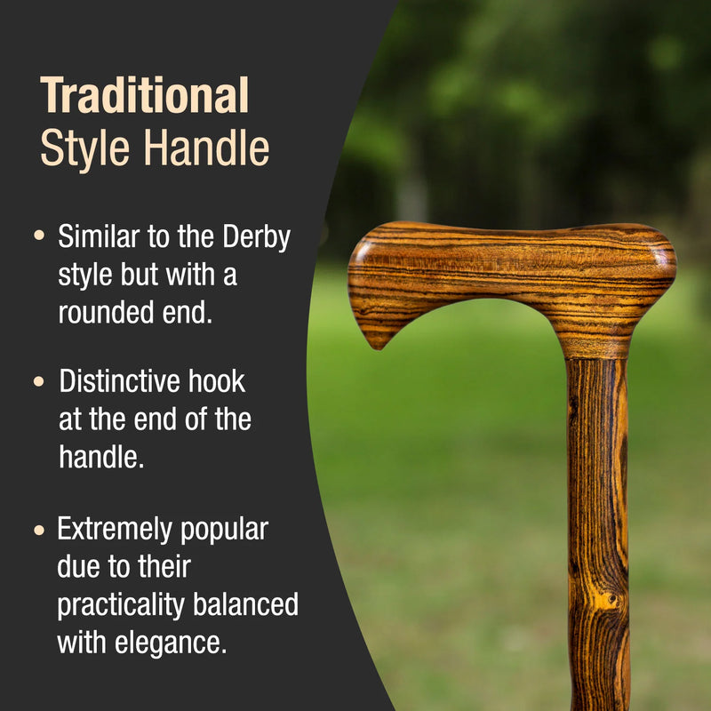 Wooden walking cane handle with text describing traditional style handle
