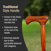 Wooden handle with rounded end and hook, text describing traditional style handle.