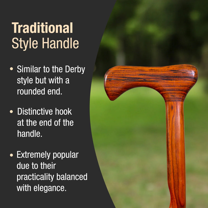 Wooden handle with rounded end and hook, text describing traditional style handle.