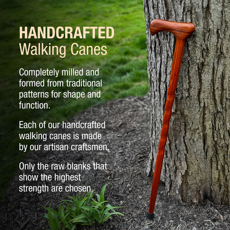 Handcrafted walking cane leaning against a tree with promotional text about its traditional craftsmanship.