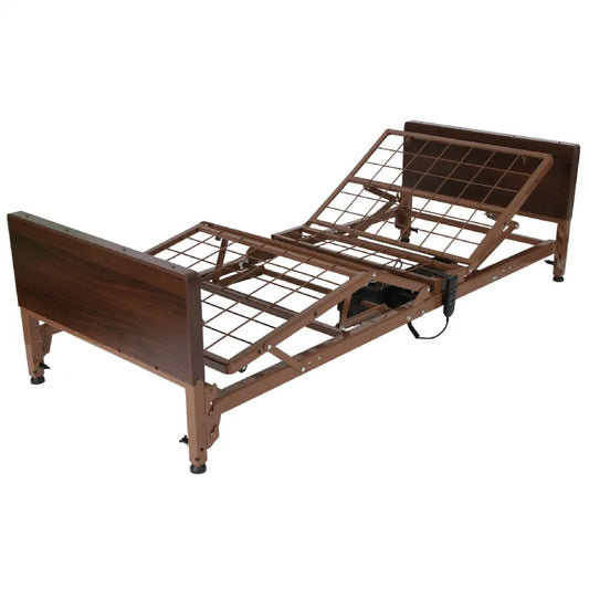Brown adjustable bed with metal frame on a white background