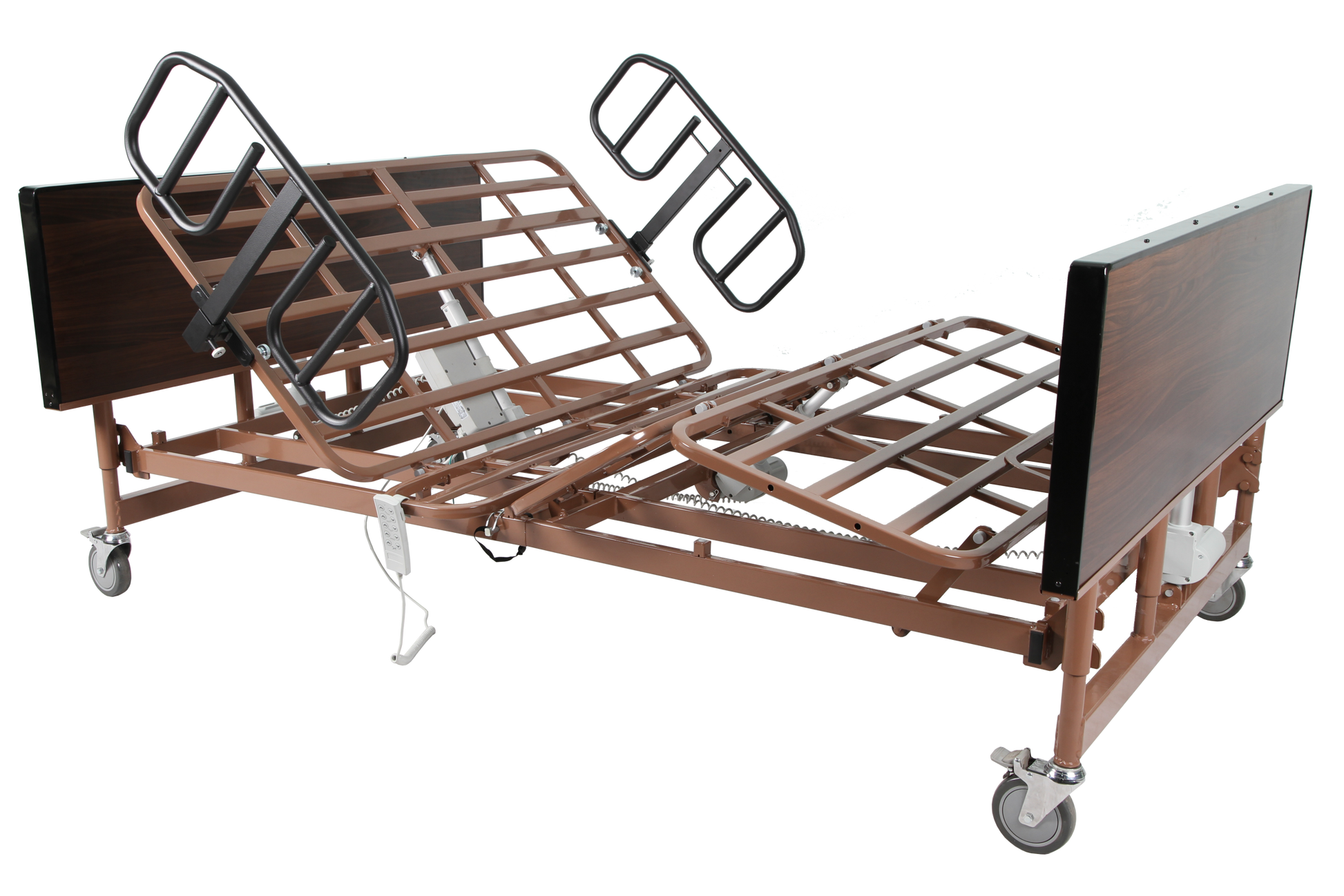 Medical bed with adjustable features on a white background