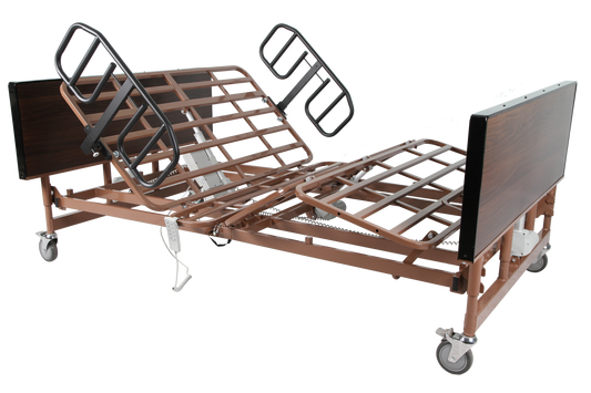 Medical bed with adjustable features on a white background