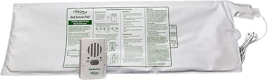 White bed sensor pad with electronic device and instructions on a white background