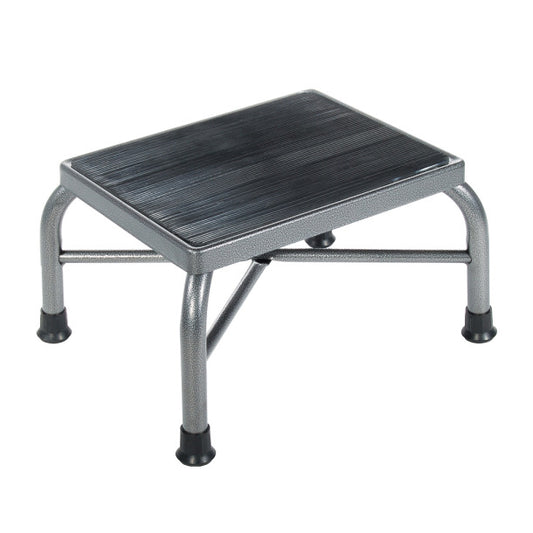 Step stool with black top and metal frame on a white background
