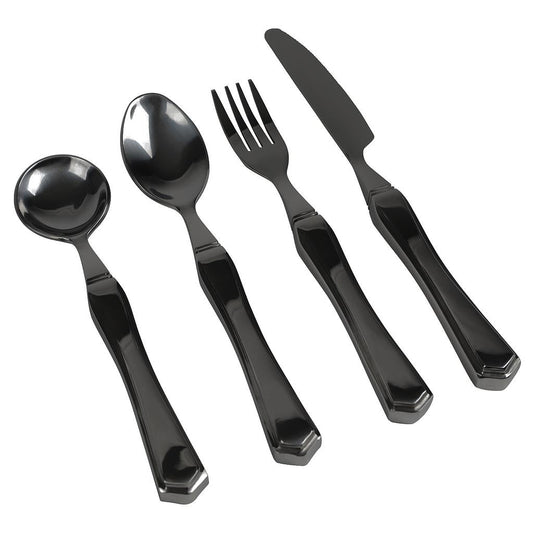 Set of black cutlery including a knife, fork, and two spoons on a white background.
