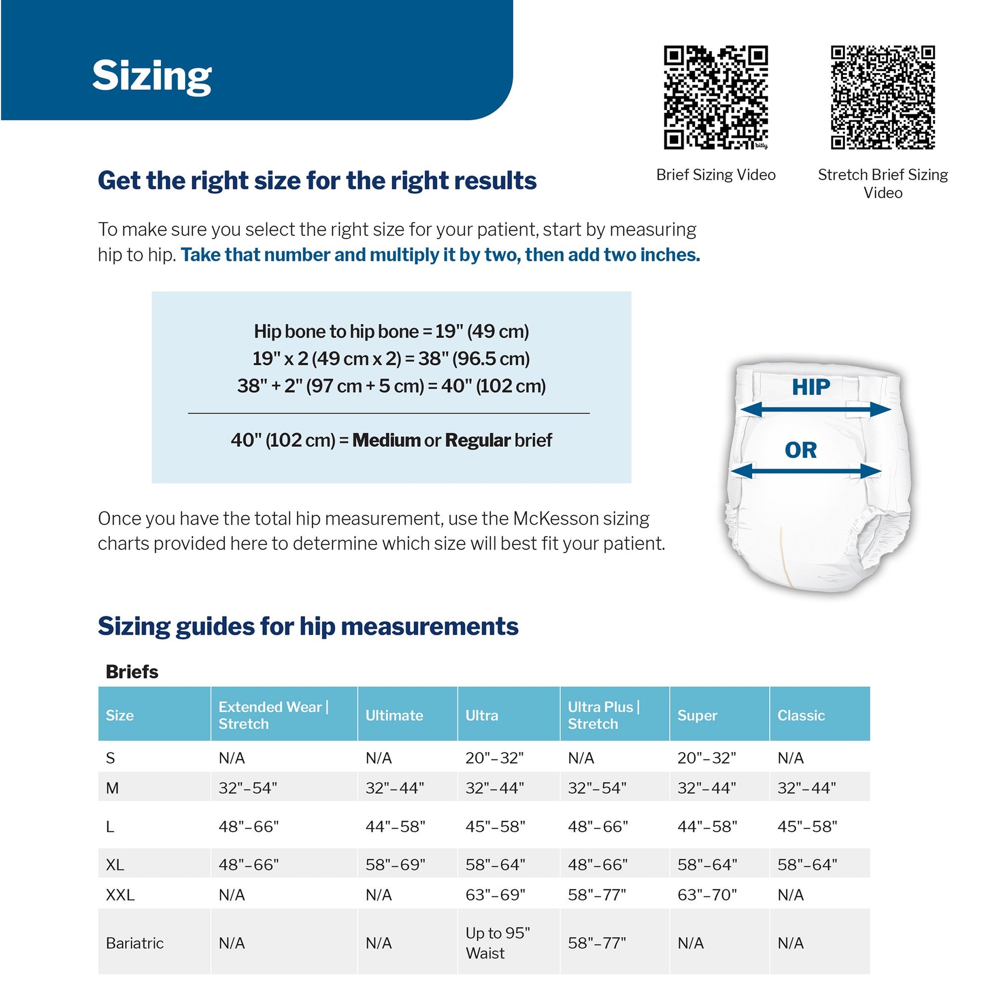 Sizing chart for briefs with hip measurement instructions and a QR code for a video.