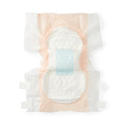 A single disposable diaper shown flat against a clean white background, with a white absorbent body, pale peach outer layer, and a light blue center stripe.