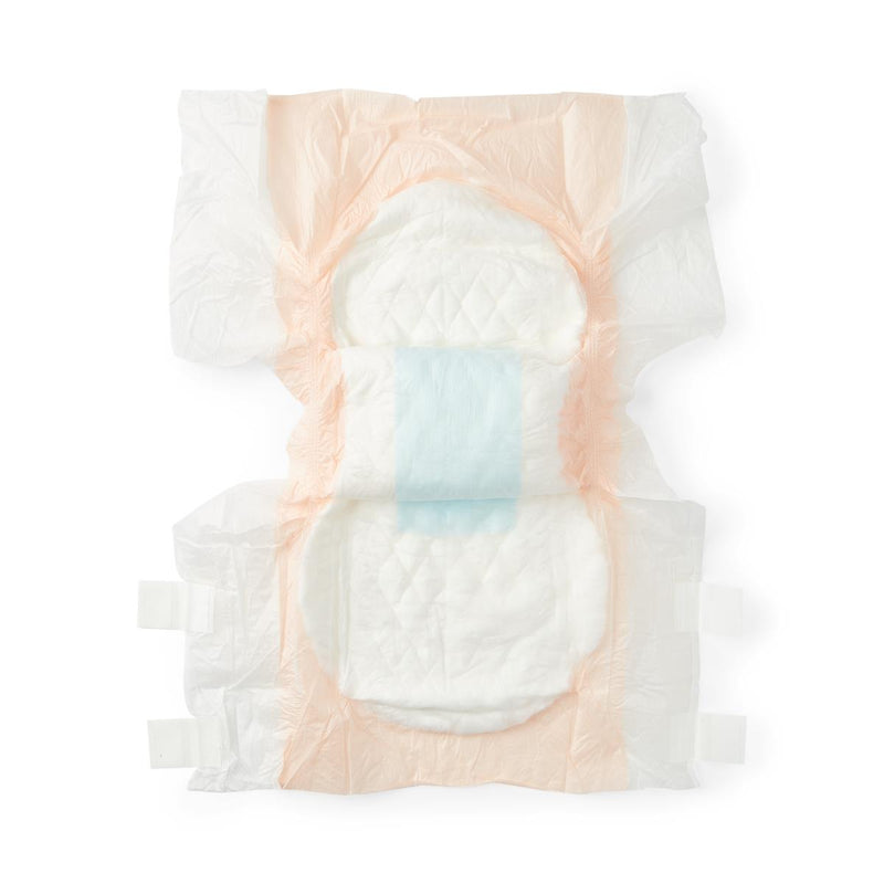 A single disposable diaper shown flat against a clean white background, with a white absorbent body, pale peach outer layer, and a light blue center stripe.