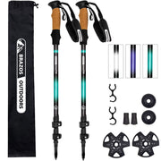 Two hiking poles with accessories and a carrying bag on a white background