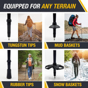 Collage of hiking poles with features like Tungstun tips, Mud baskets, Rubber tips, and Snow baskets highlighted.