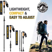 Hiking poles with assembly instructions and a person hiking, featuring Brazos Outdoors branding.