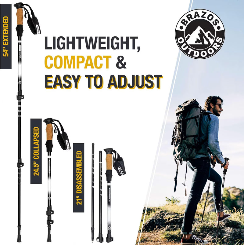 Hiking poles with assembly instructions and a person hiking, featuring Brazos Outdoors branding.