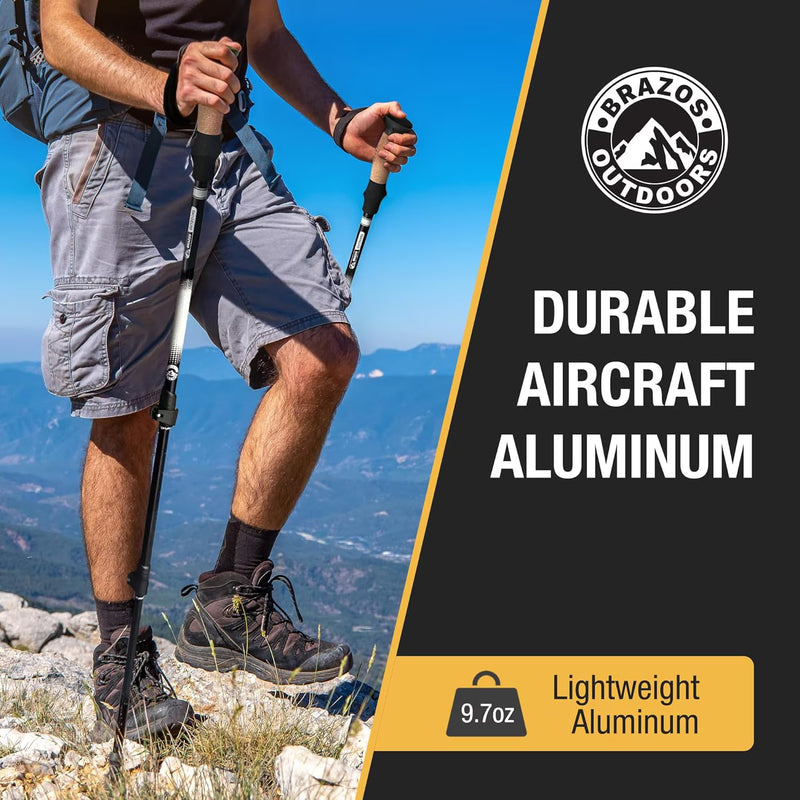 Person hiking with trekking poles on a mountain, featuring Brazos Outdoors branding.