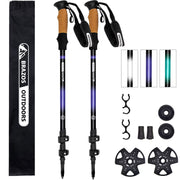 Two hiking poles with accessories and a carrying bag on a white background