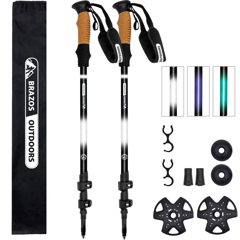 Two hiking poles with accessories and a carrying bag on a white background