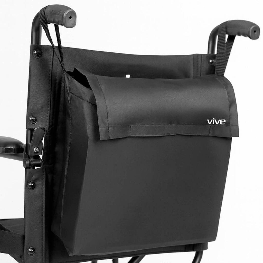 Black bag attached to a chair with 'Vive' branding on a white background