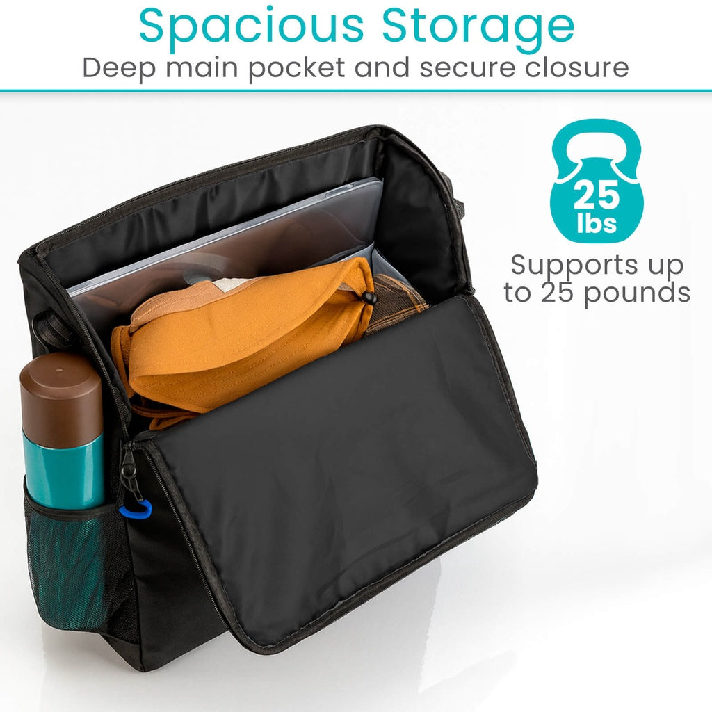 Black bag with a deep main pocket containing items, on a white background with text about storage capacity.