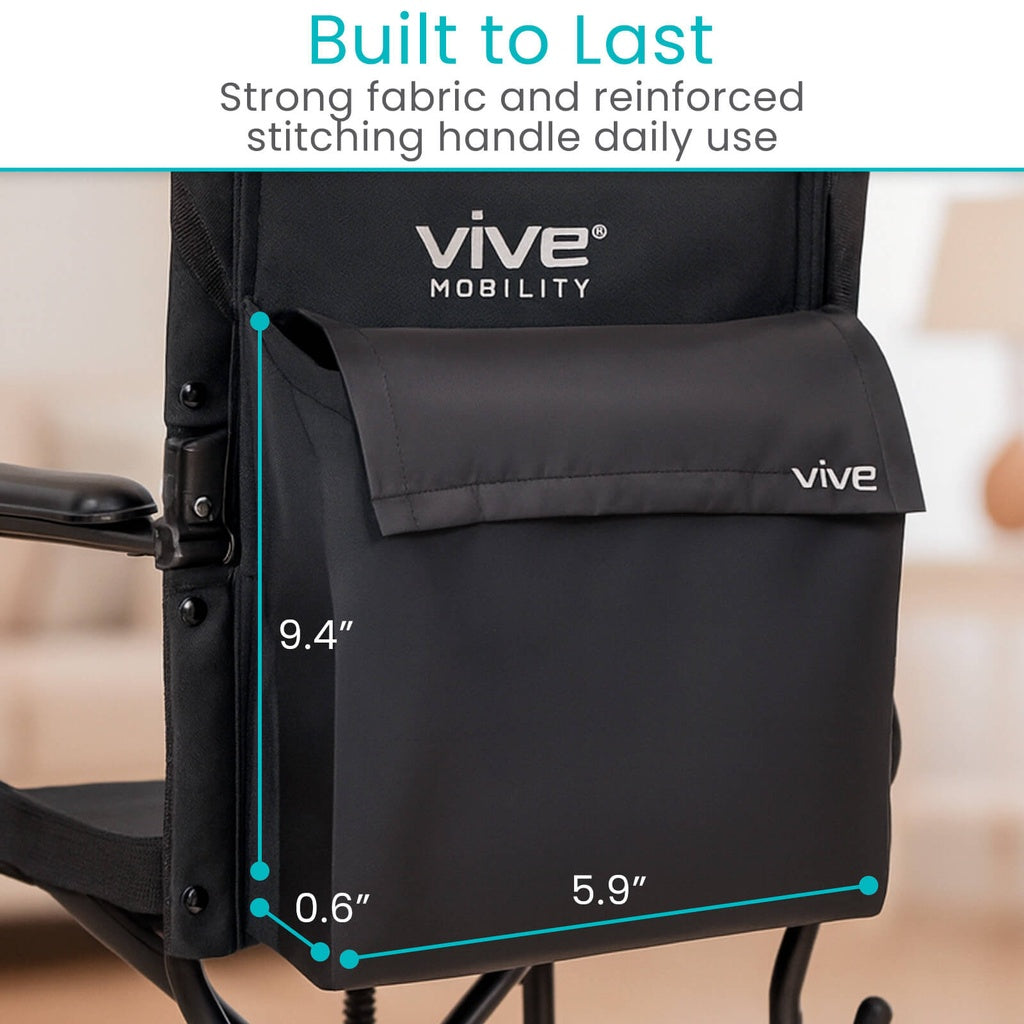 Black chair with 'Vive Mobility' branding, showing reinforced stitching and fabric quality.