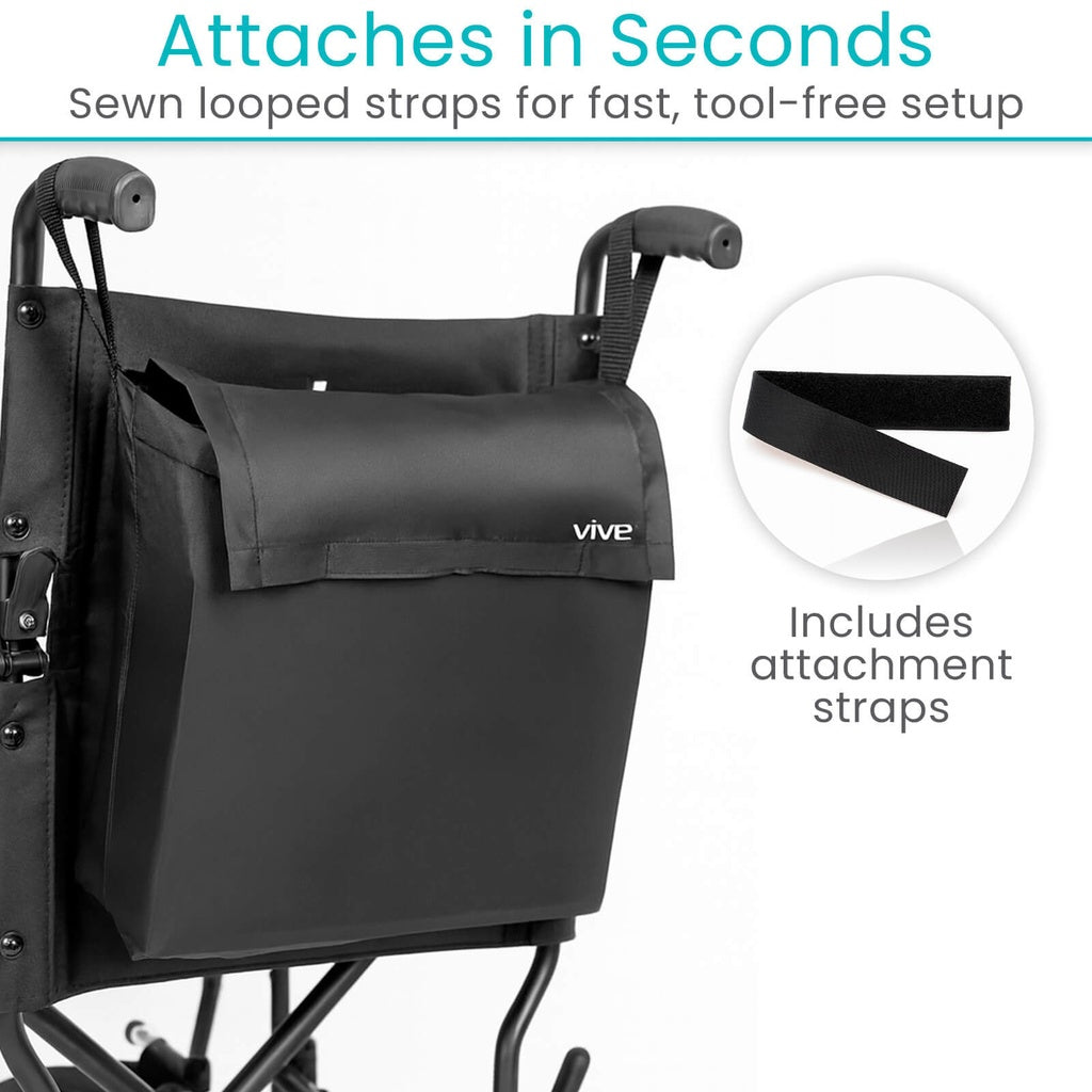 Black bag attached to a chair with text about quick attachment straps and Vive branding.