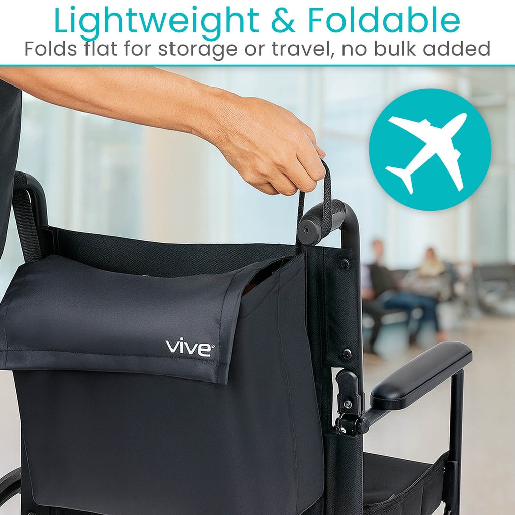 Foldable chair with storage bag labeled 'vive' in a travel setting.