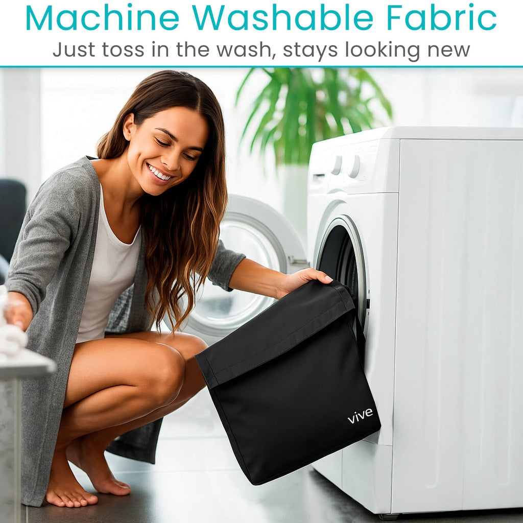 Woman placing a black bag into a washing machine with text about machine washable fabric.