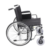Wheelchair with black seat and silver frame on a white background