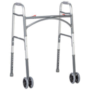 Silver walker with four wheels on a white background