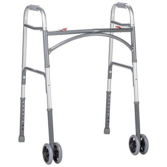 Silver walker with four wheels on a white background