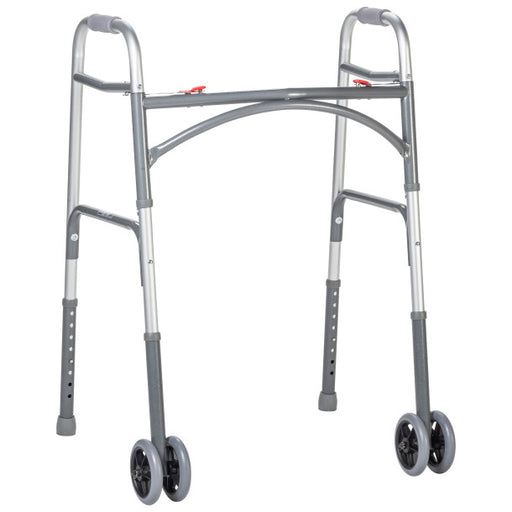 Silver walker with four wheels on a white background