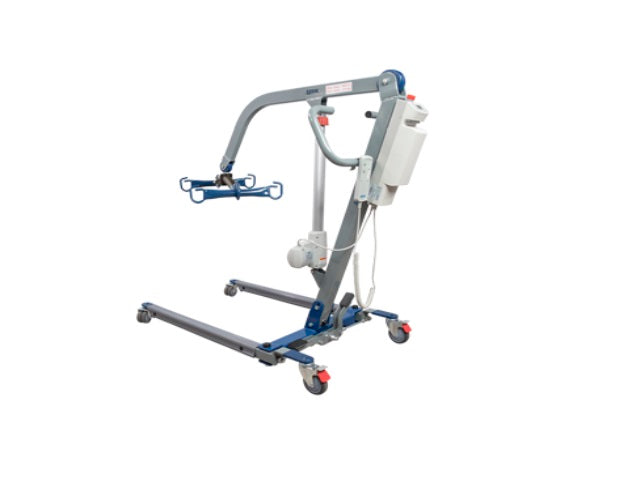 A medical or industrial patient transfer lift with a gray metal frame, blue base components, a white control box, and wheels, shown on a plain white background.
