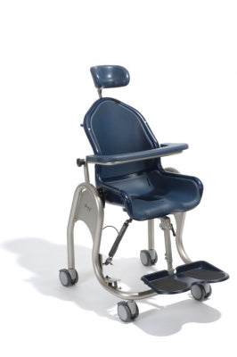 Blue patient transfer chair with wheels on a white background